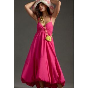 NEW By Anthropologie Barbie Pink V-Neck Tiered Pullover Bubble-Hem Dress Large